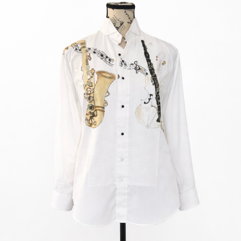 Neil Allyn Hand Painted Jazzy Music Tux Blouse Sax Violin Clarinet Sz S 💛